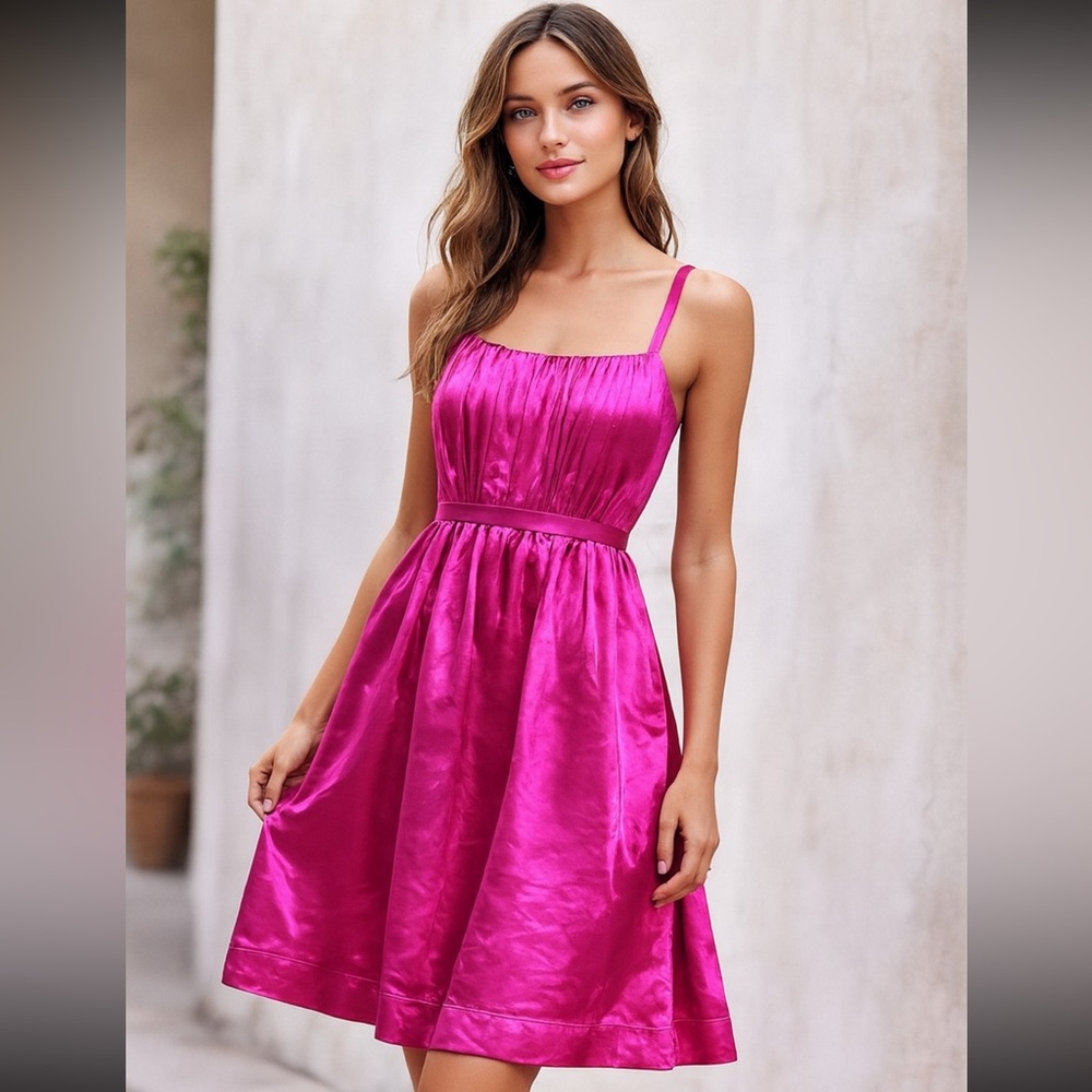 Anthropologie (NWT) HOT Pink Satin Bow statement Dress- - Picture 4 of 11